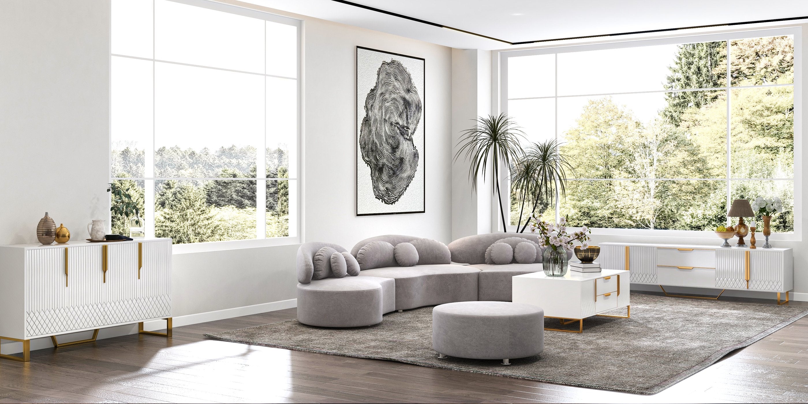 HMR - Curved Sectional Sofa with Ottoman & Pillows