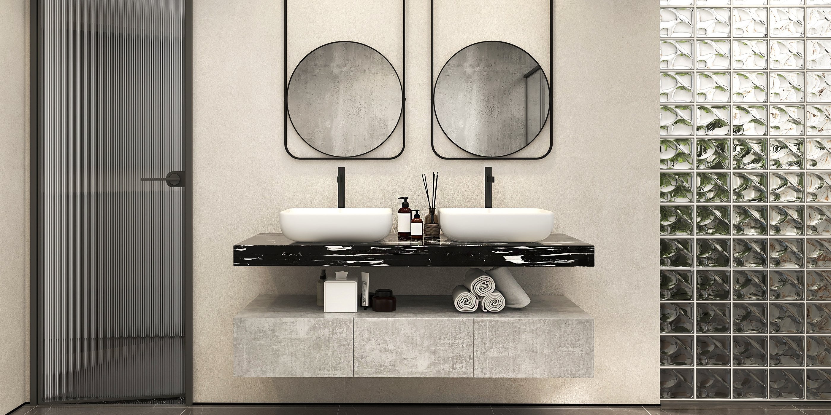 HMR - Modern 60" Floating Bathroom Vanity Set with Double Sinks