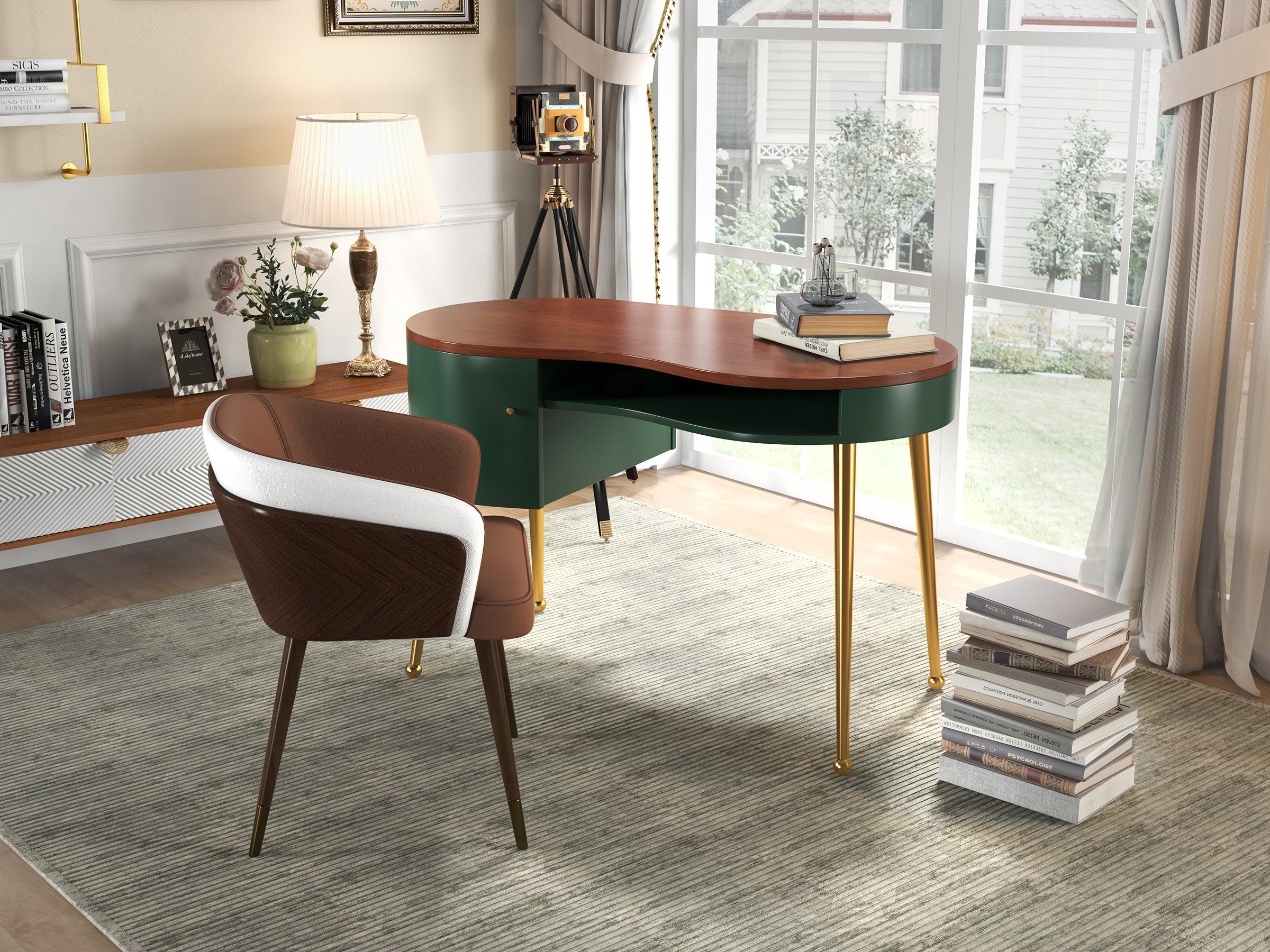HMR - Curved Office Computer Desk with Shelf and Storage in Green and Gold