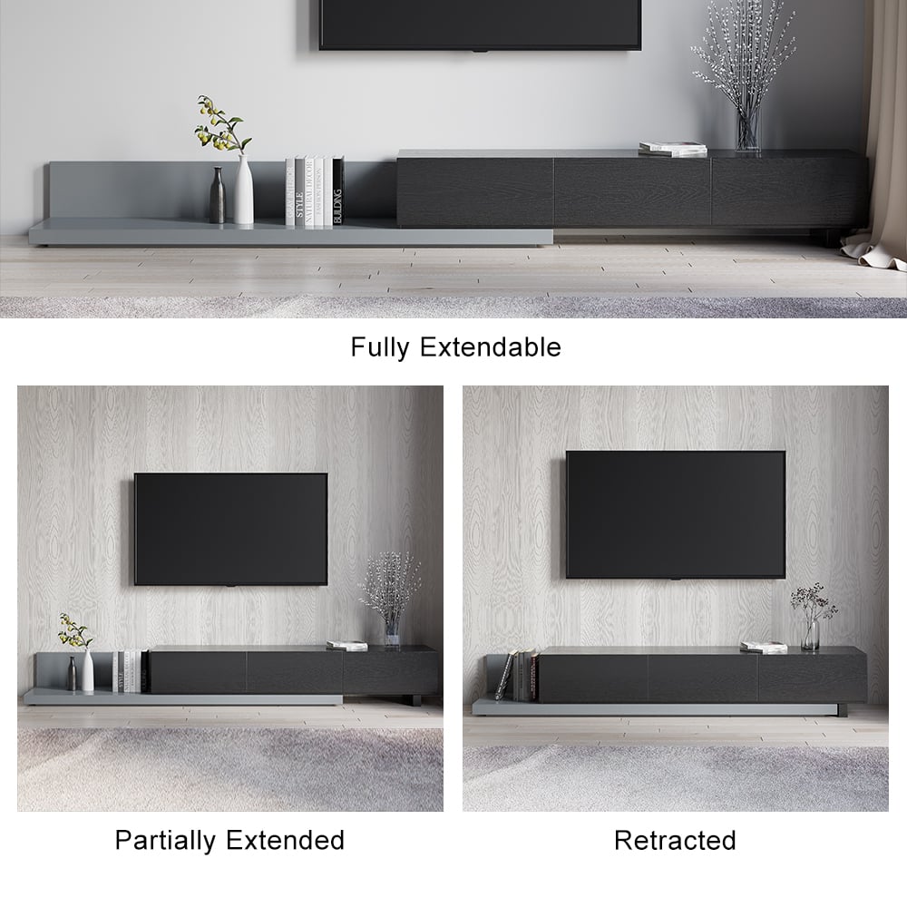 HMR - Crator Kayla Extendable TV Stand Media Console with 3-Drawer in Black and Gray