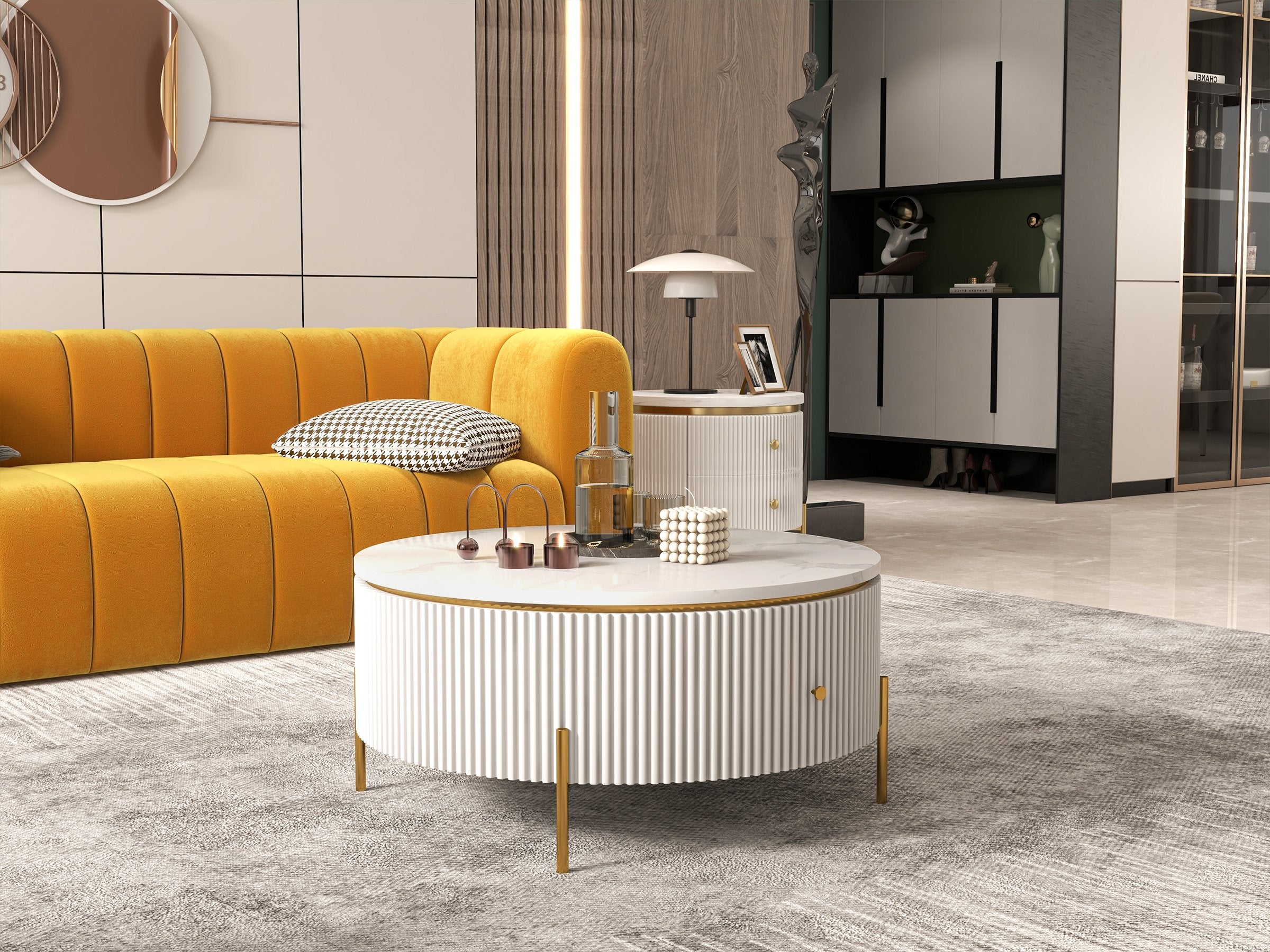 HMR Yelly Series 21" Round Side Table with Storage - White/Gold