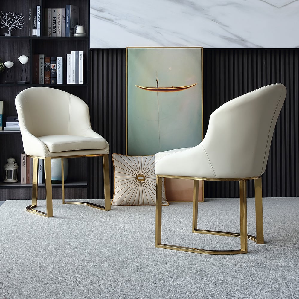 HMR - Faux Leather Upholstered Dining Chair with Gold Frame (Set of 2) in Off-White