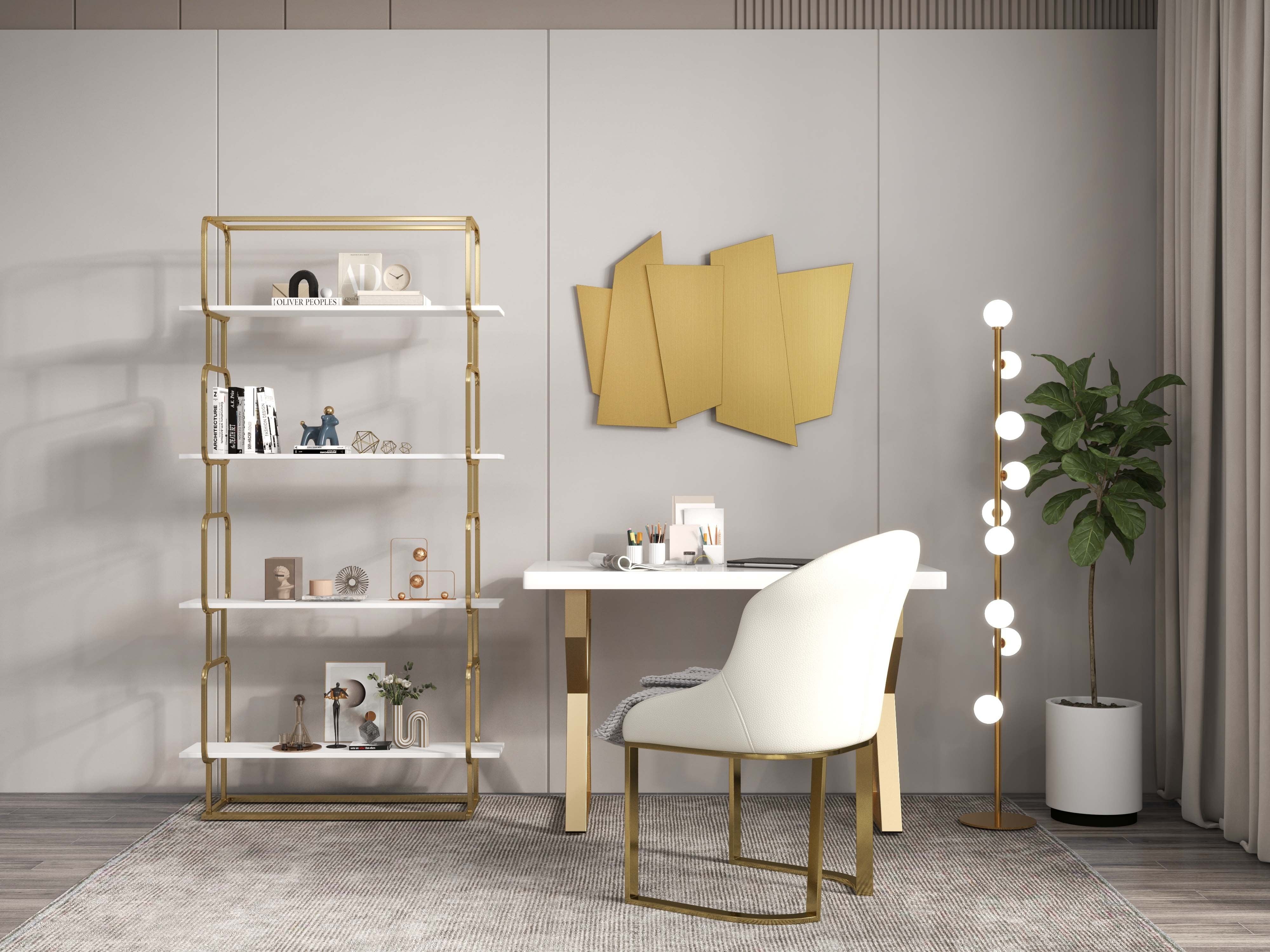 HMR - Faux Leather Upholstered Dining Chair with Gold Frame (Set of 2) in Off-White