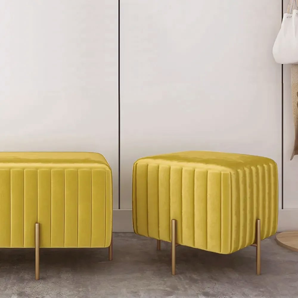 HMR - Upholstered Square Velvet Pouf in Yellow