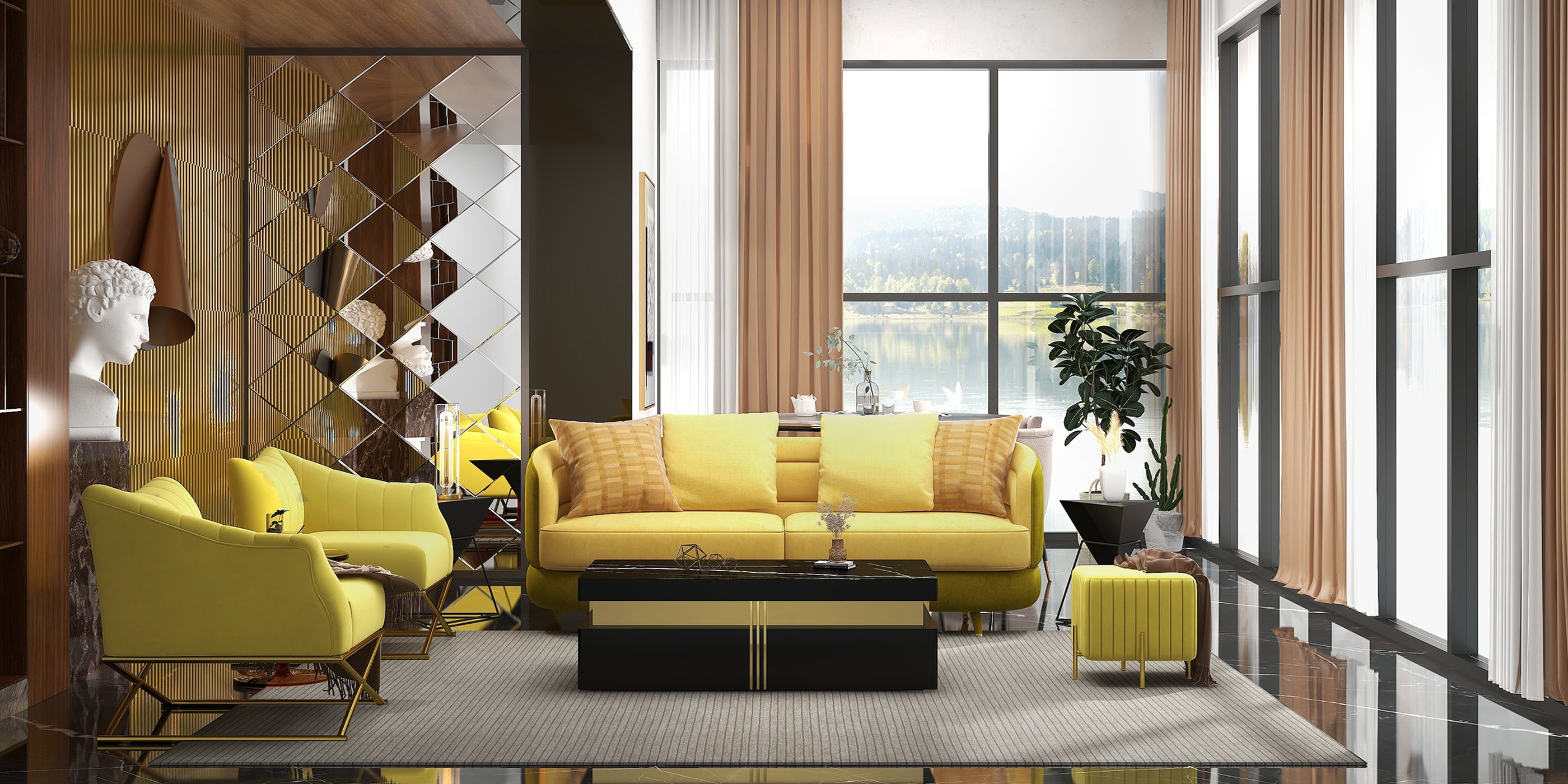 HMR - Upholstered Square Velvet Pouf in Yellow