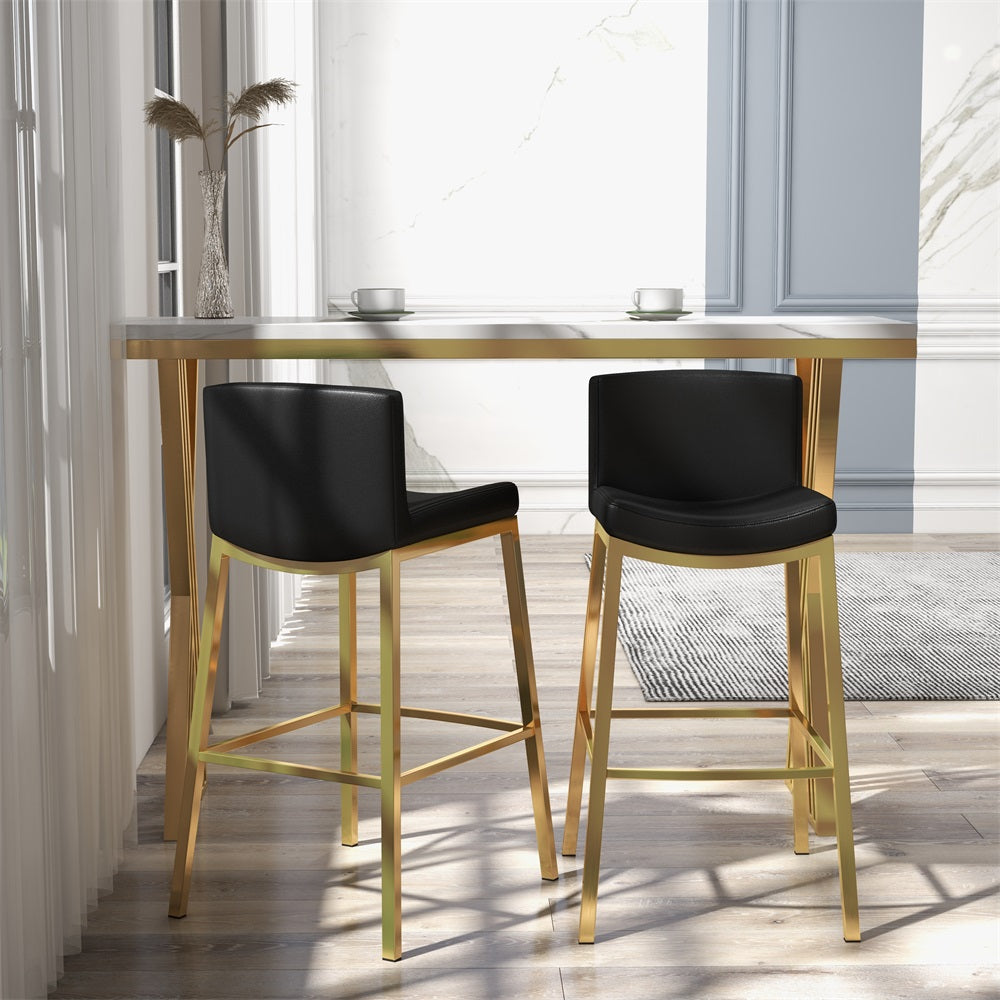HMR - Faux Leather Counter Height Bar Stools with Back and Footrest (Set of 2) in Black