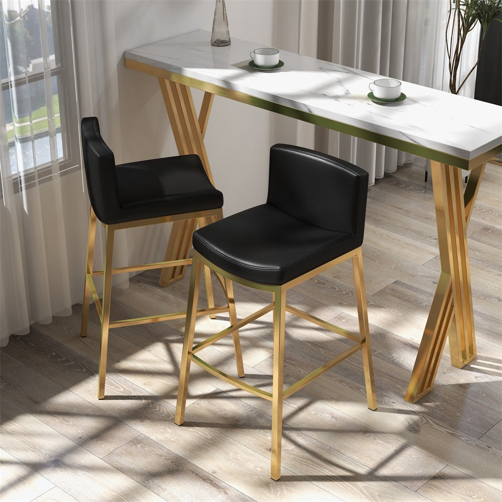 HMR - Faux Leather Counter Height Bar Stools with Back and Footrest (Set of 2) in Black