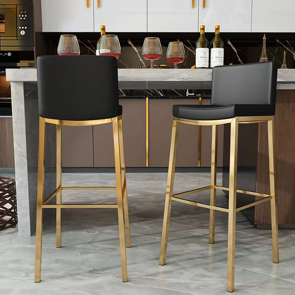 HMR - Faux Leather Counter Height Bar Stools with Back and Footrest (Set of 2) in Black