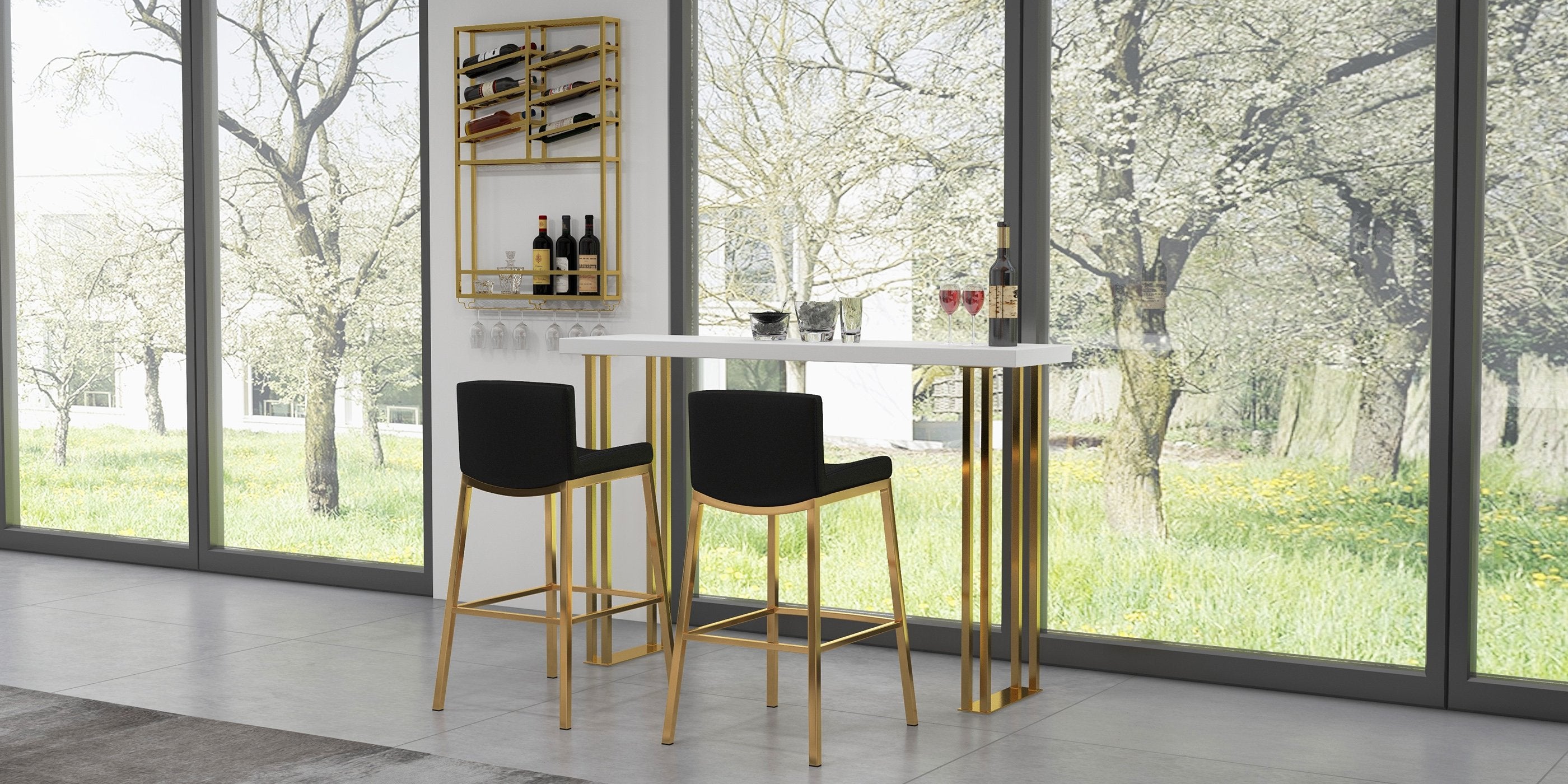 HMR - Faux Leather Counter Height Bar Stools with Back and Footrest (Set of 2) in Black