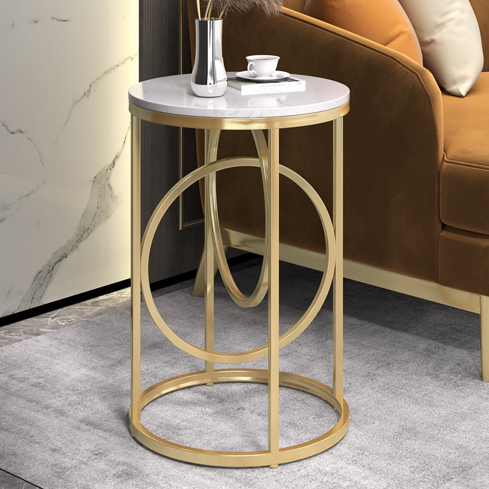 HMR - End Table Marble Top Side Table Metal in White