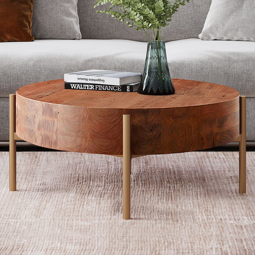 HMR - Retro Round Coffee Table with Metal Legs in Wood