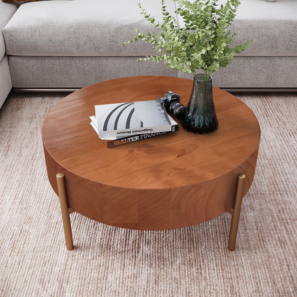 HMR - Retro Round Coffee Table with Metal Legs in Wood