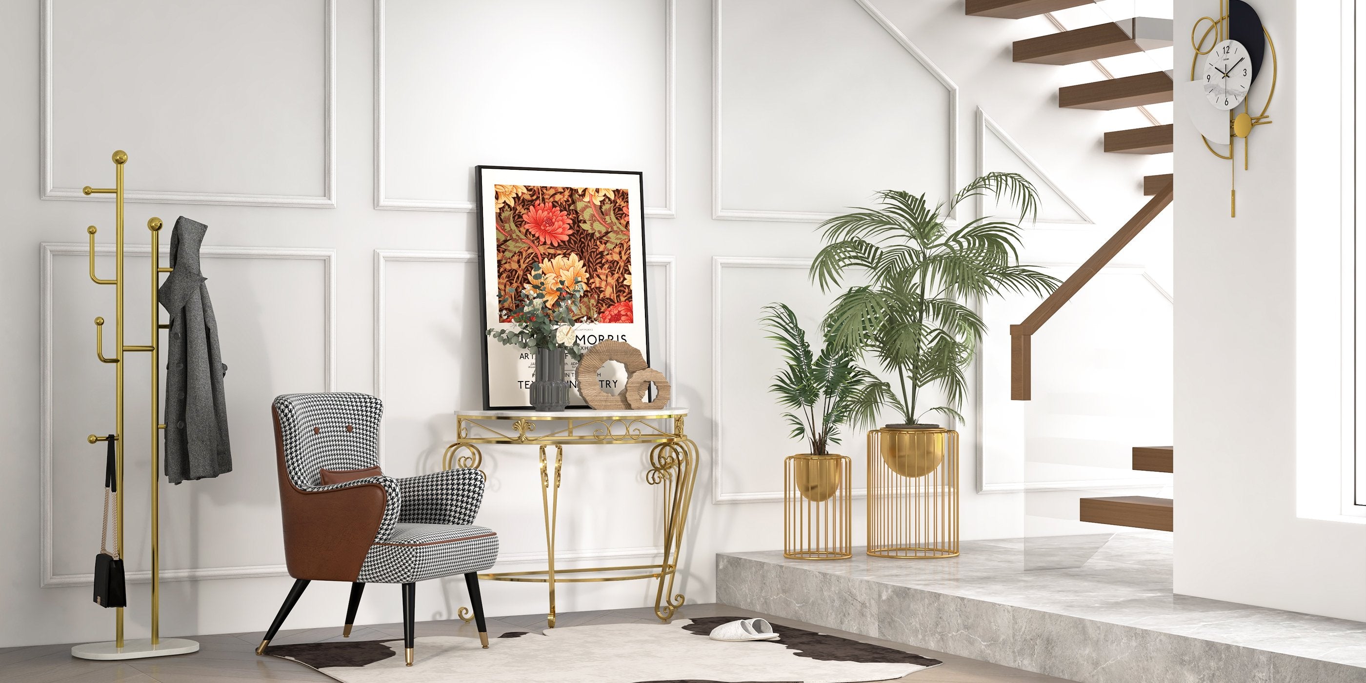 HMR - Modern Metal Console Table with Classical Frame in Gold