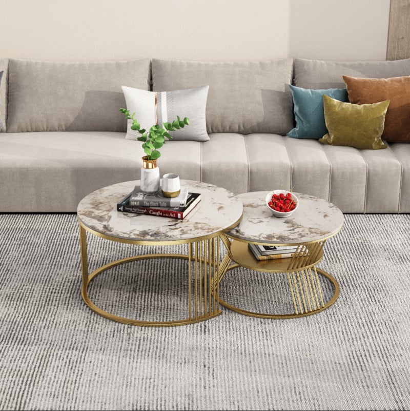 HMR - Modern Nesting Coffee Table Set with Sintered Stone Top (Set of 2)