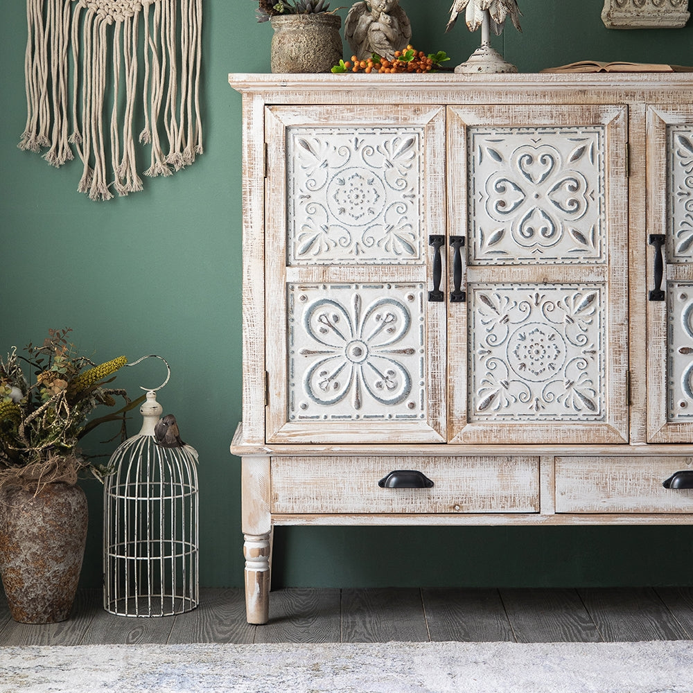 HMR - Farmhouse Distressed Buffet with 3 Drawers and 2 Shelves 59" in White