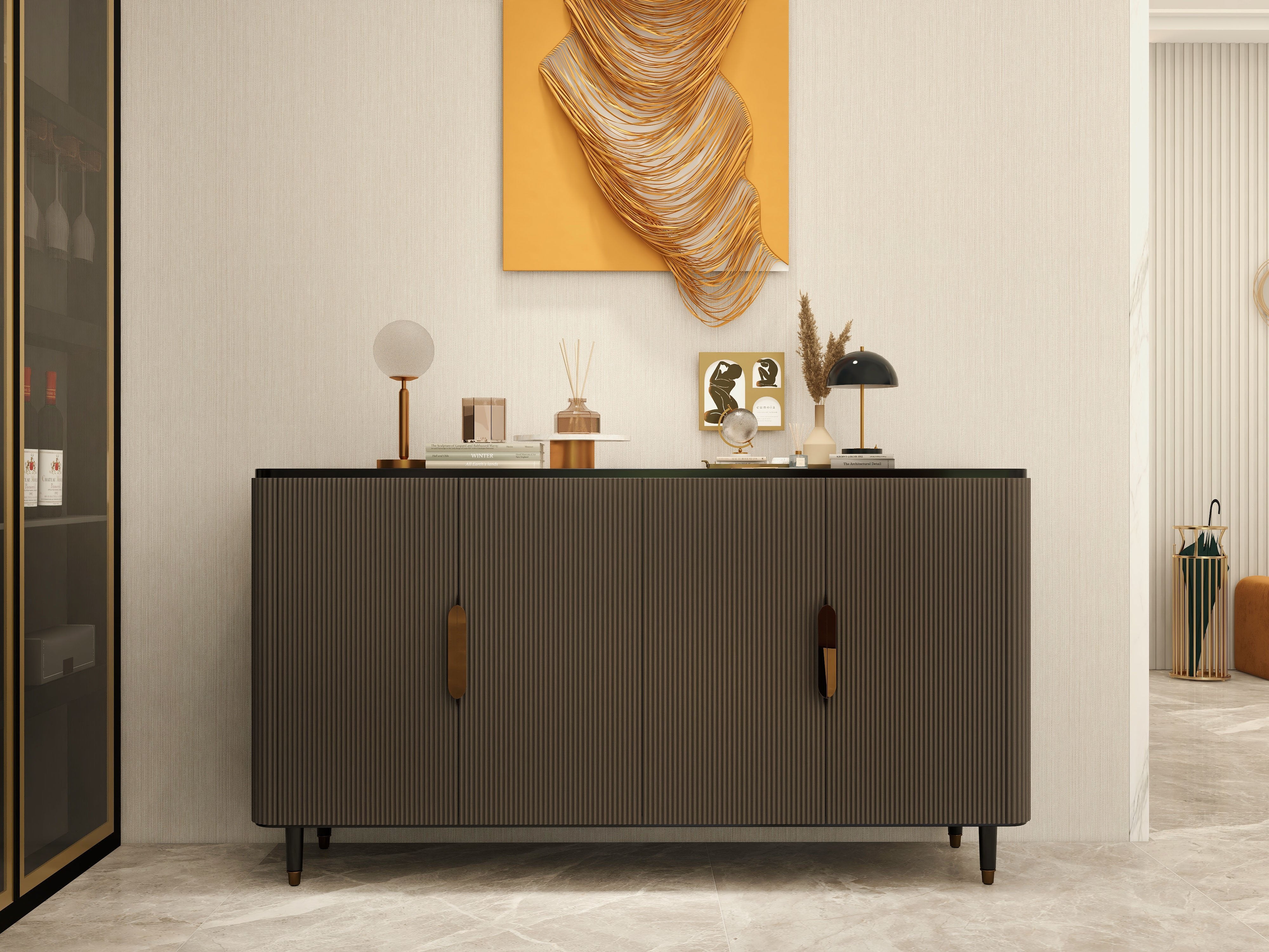 HMR - Modern Kitchen Cabinet with 4 Doors in Gold in Black