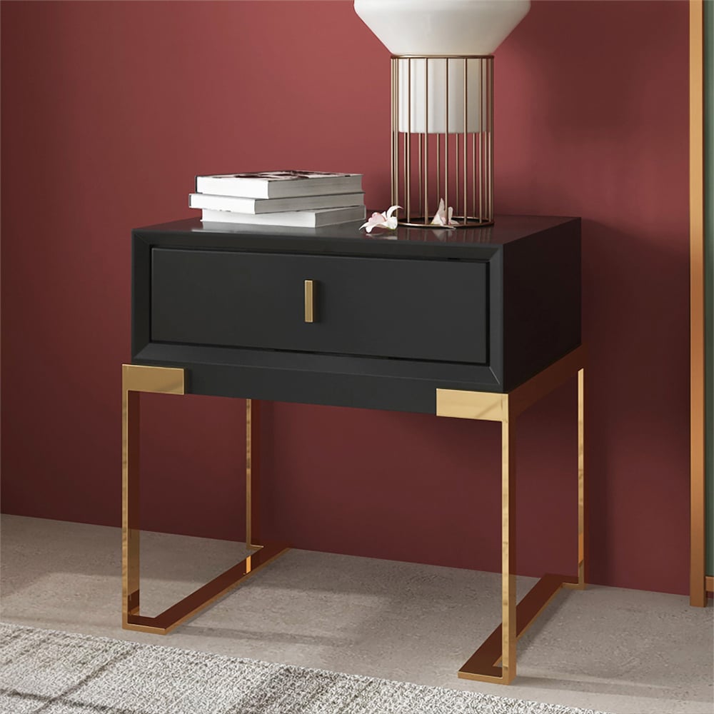 HMR - Single Drawer Nightstand with Stainless Steel Base in Black