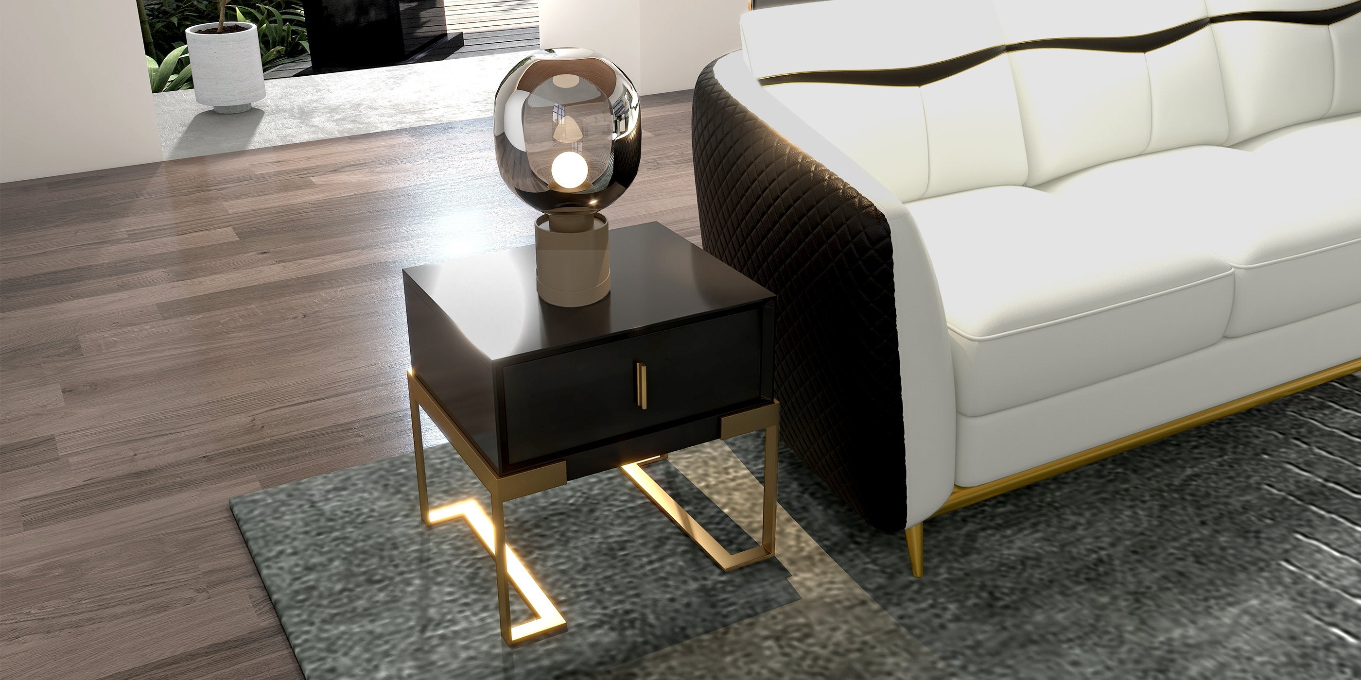 HMR - Single Drawer Nightstand with Stainless Steel Base in Black