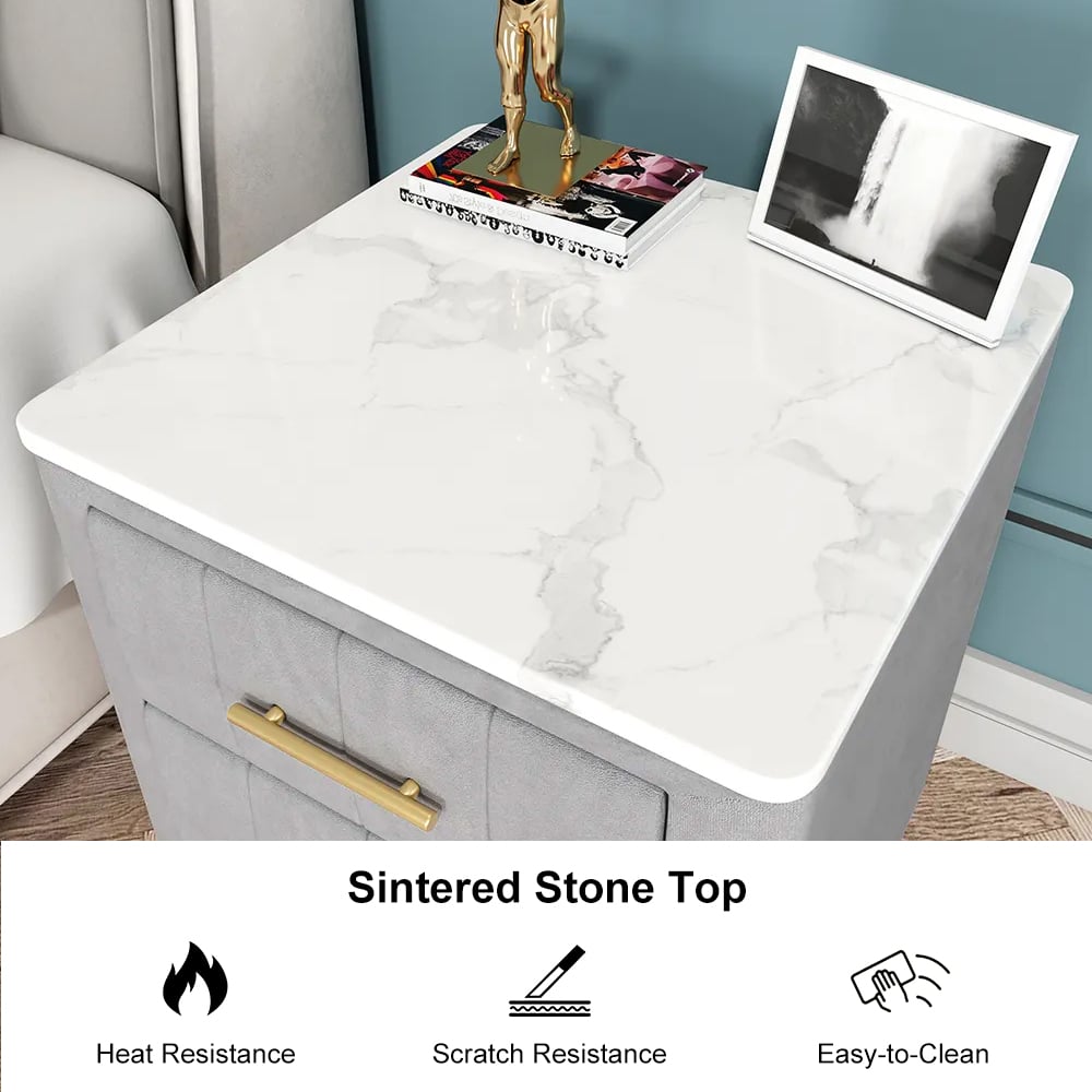 HMR - Velvet Bedside 3-Drawer Table with Sintered Stone Top in Gray