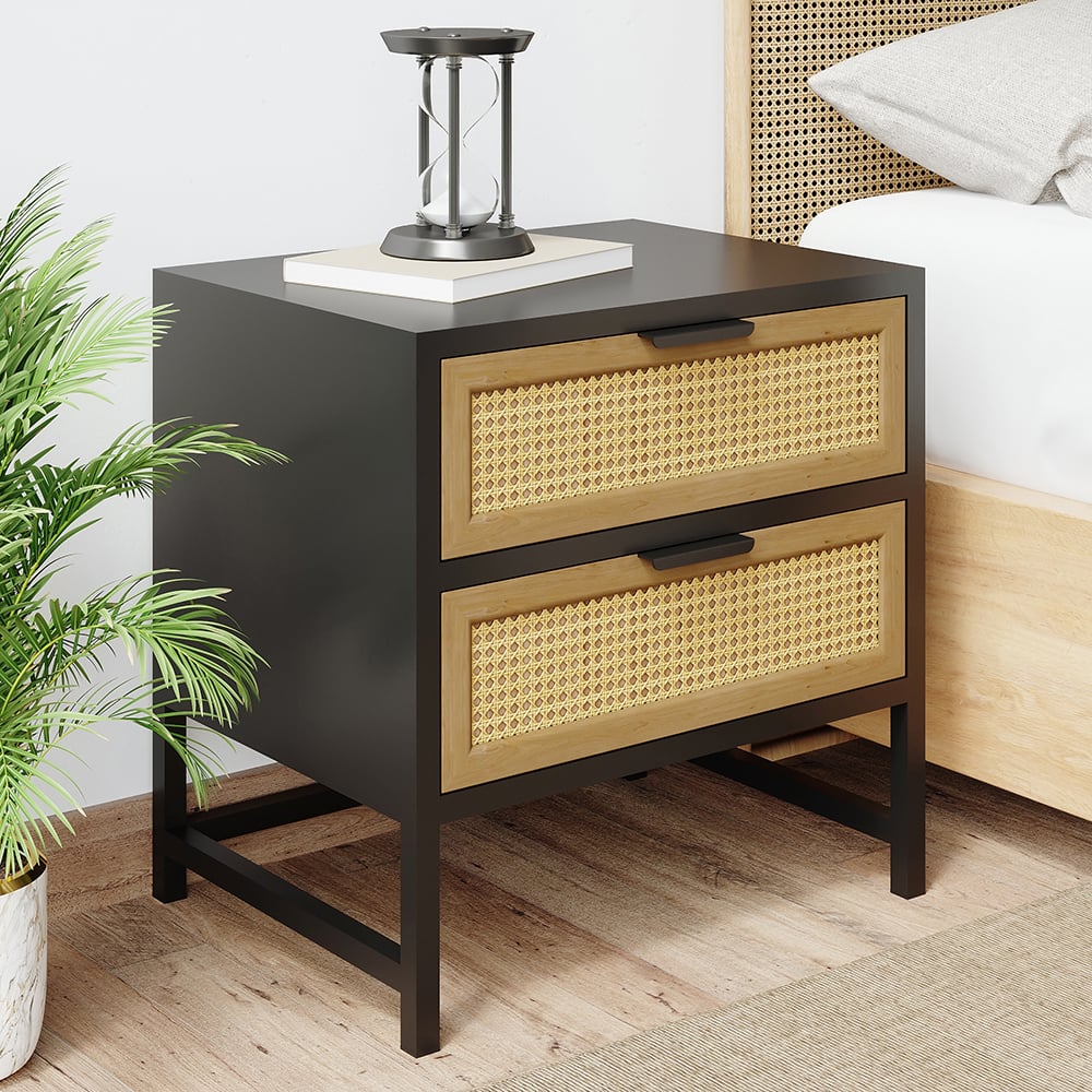 HMR - Industrial Wood 2-Drawer Rattan Nightstand in Black