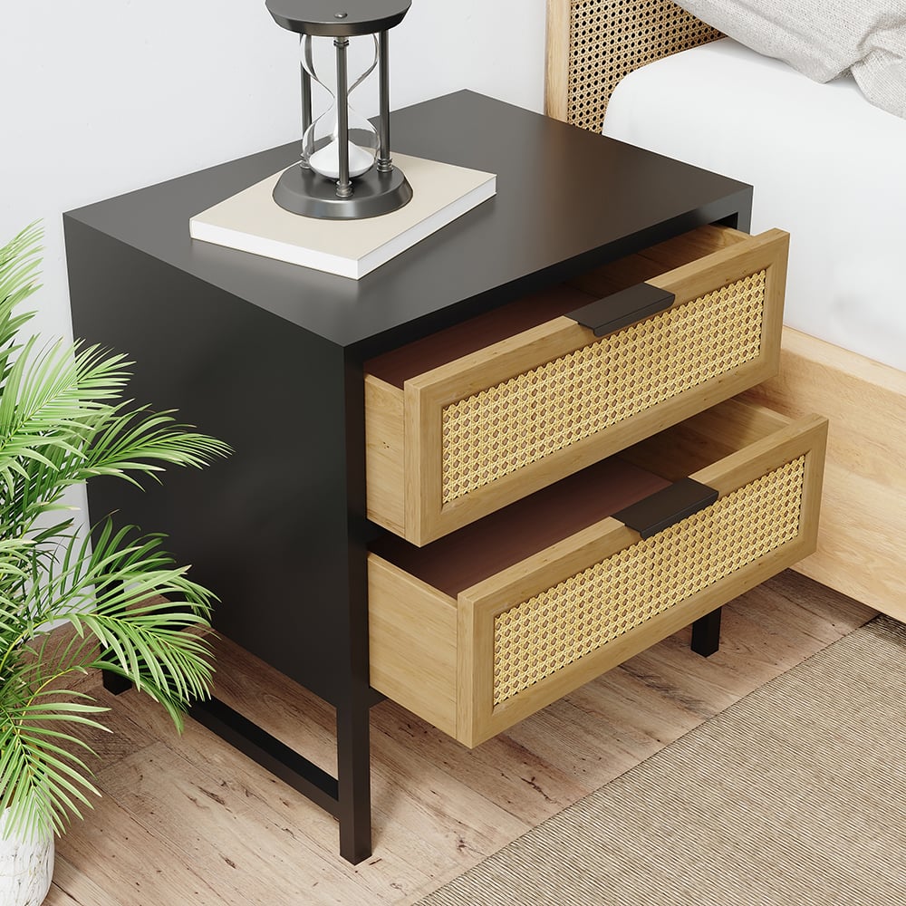 HMR - Industrial Wood 2-Drawer Rattan Nightstand in Black