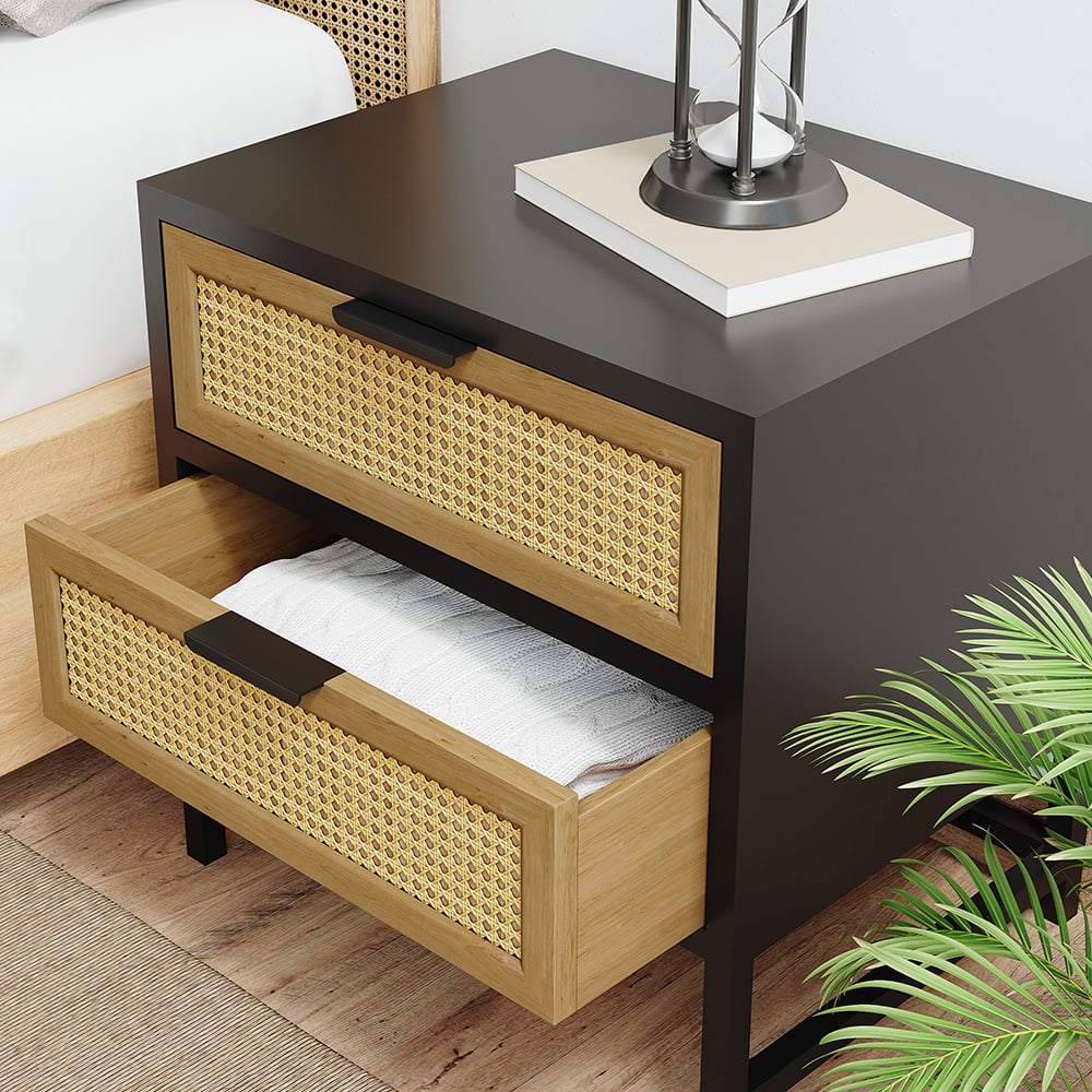 HMR - Industrial Wood 2-Drawer Rattan Nightstand in Black