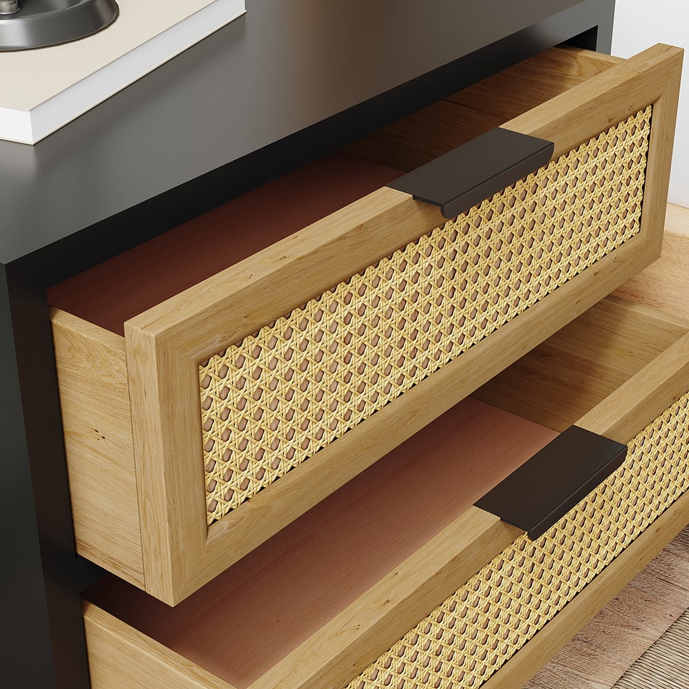 HMR - Industrial Wood 2-Drawer Rattan Nightstand in Black
