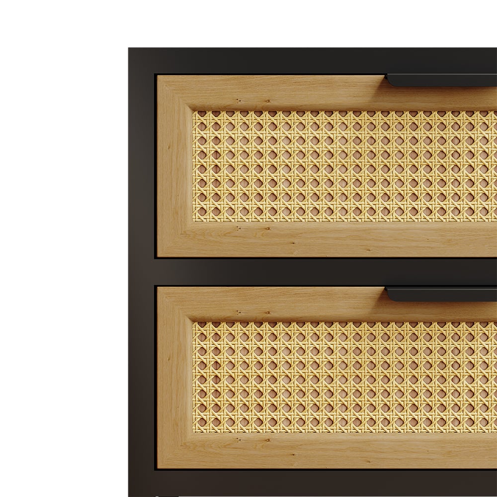 HMR - Industrial Wood 2-Drawer Rattan Nightstand in Black