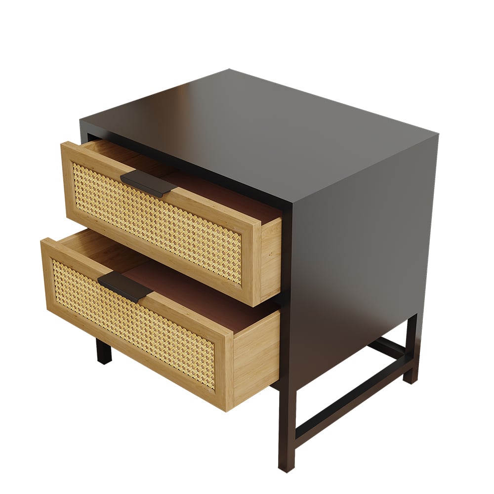 HMR - Industrial Wood 2-Drawer Rattan Nightstand in Black
