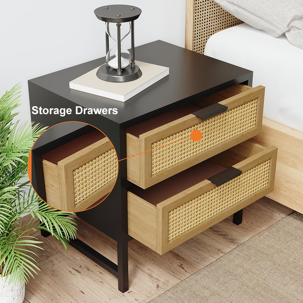 HMR - Industrial Wood 2-Drawer Rattan Nightstand in Black