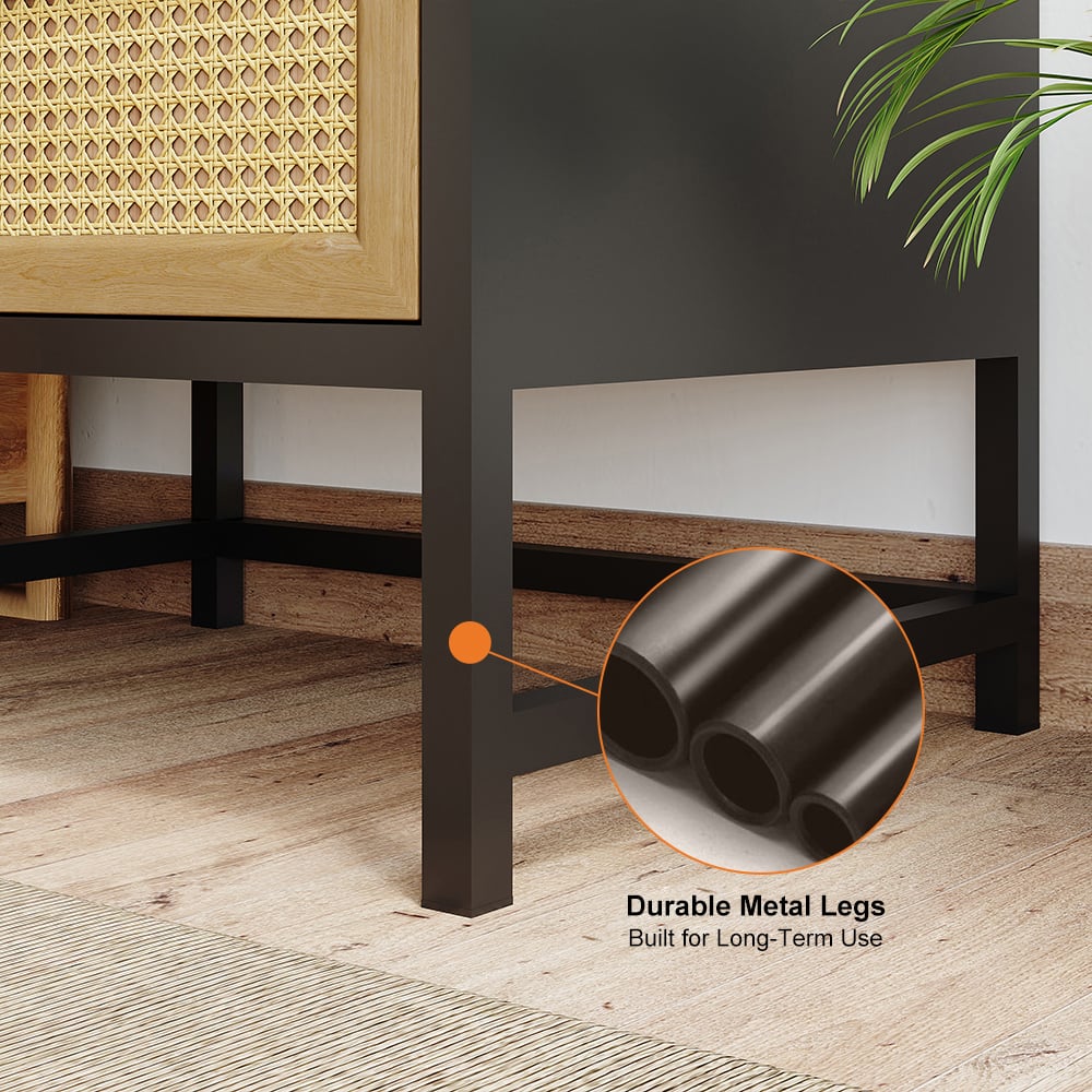 HMR - Industrial Wood 2-Drawer Rattan Nightstand in Black