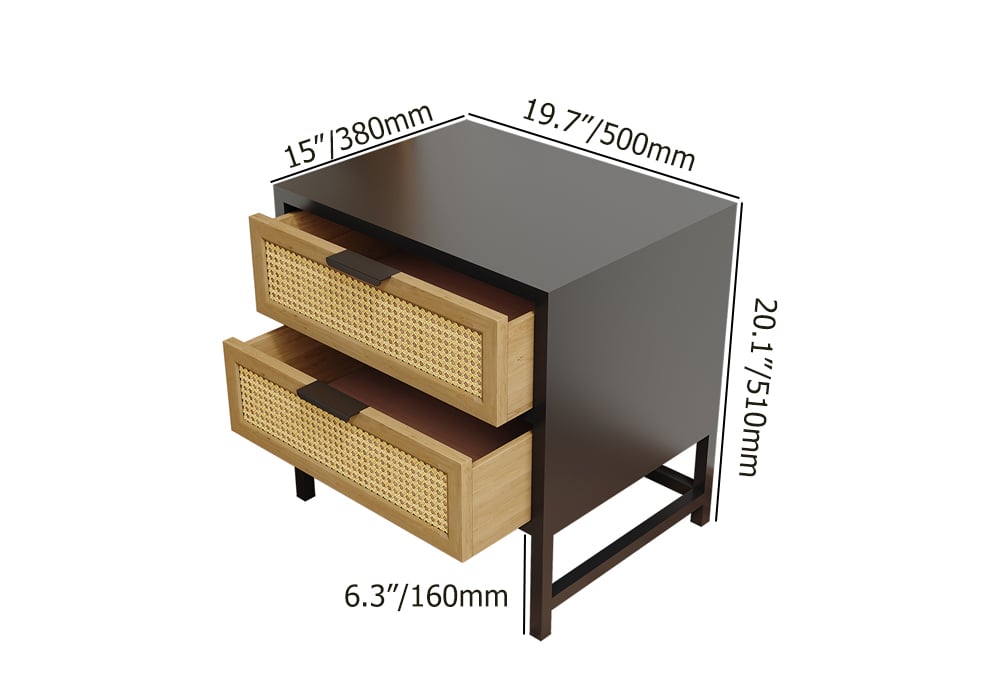 HMR - Industrial Wood 2-Drawer Rattan Nightstand in Black