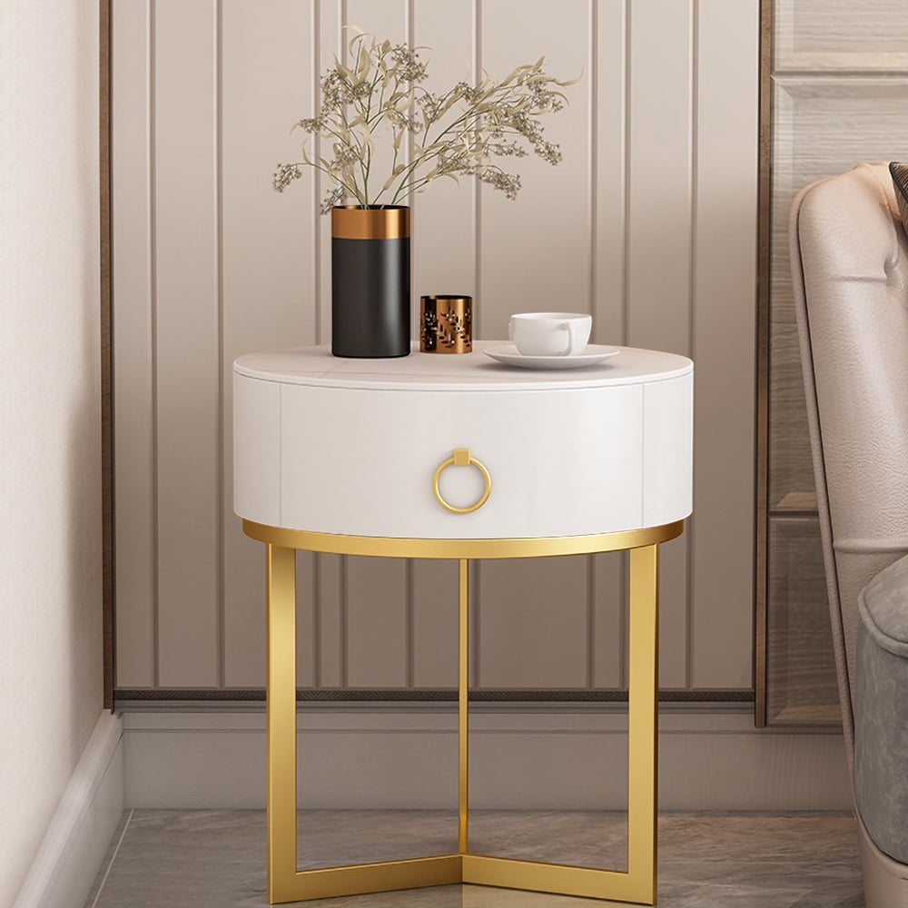 HMR - Round Single Drawer Nightstand with Frame in White and Gold