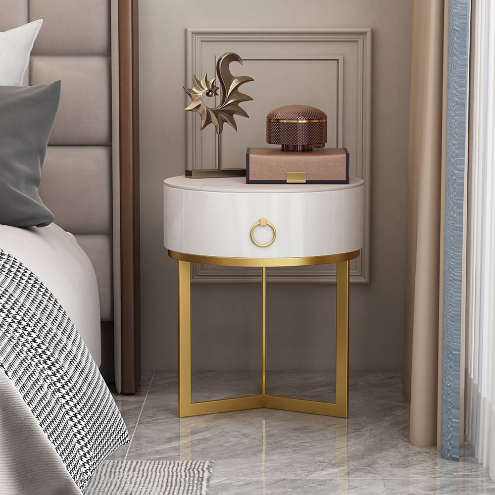 HMR - Round Single Drawer Nightstand with Frame in White and Gold