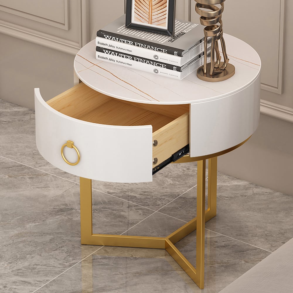 HMR - Round Single Drawer Nightstand with Frame in White and Gold