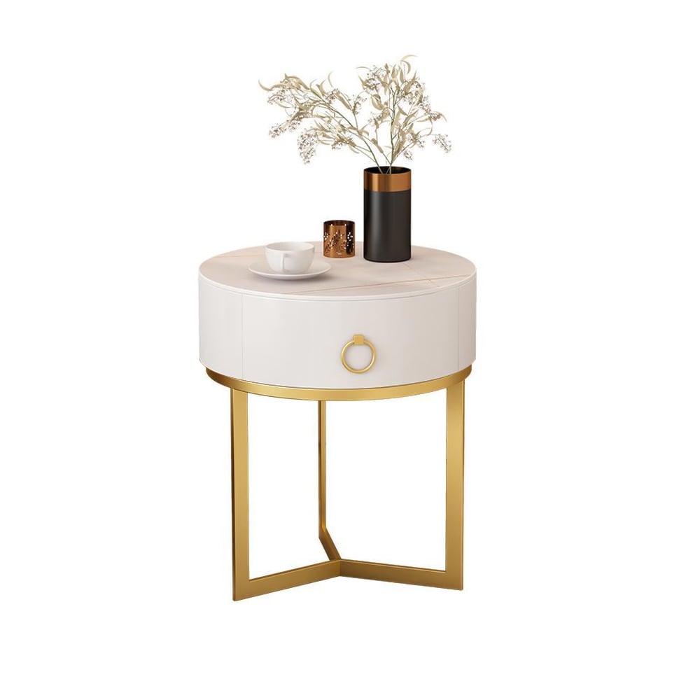 HMR - Round Single Drawer Nightstand with Frame in White and Gold