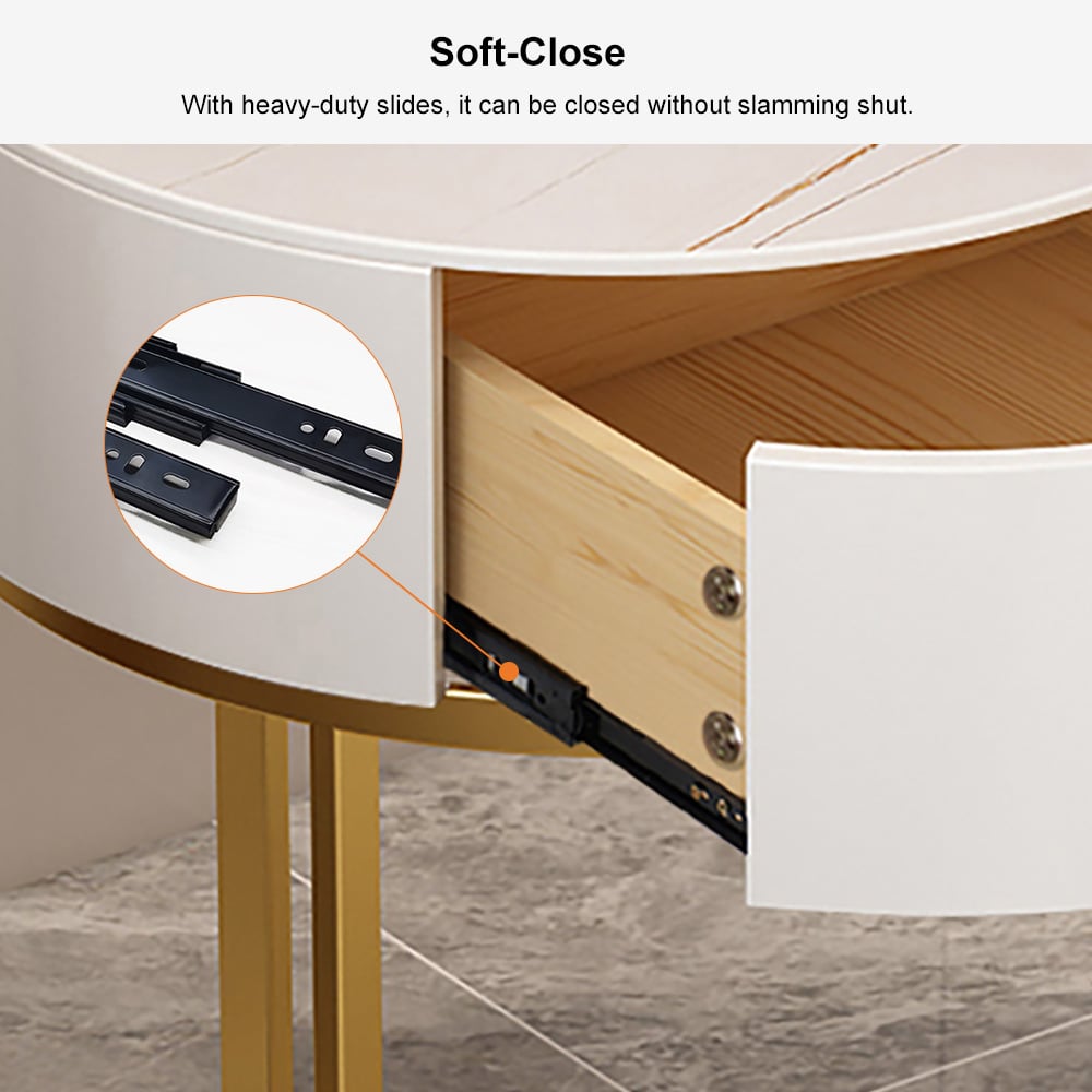 HMR - Round Single Drawer Nightstand with Frame in White and Gold