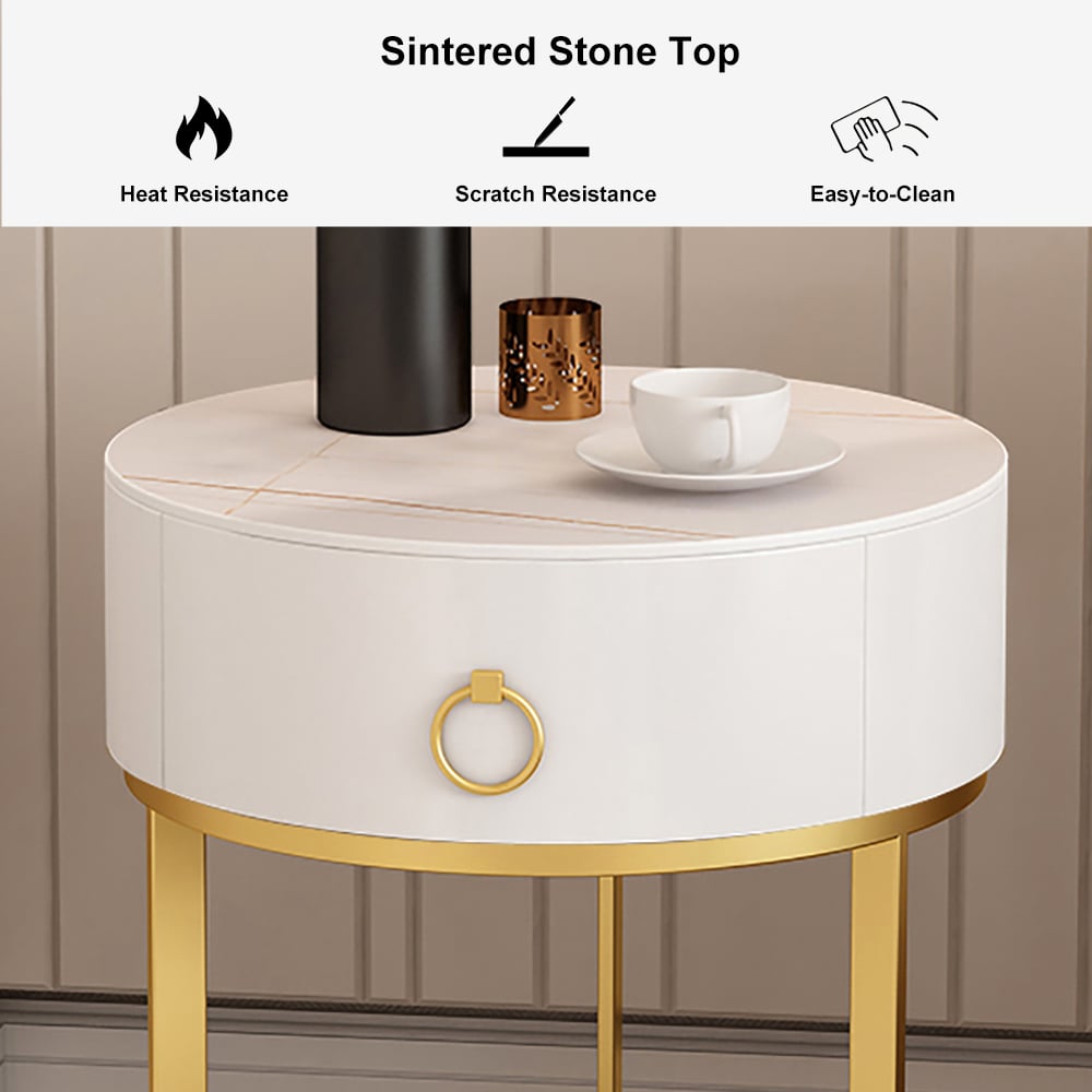 HMR - Round Single Drawer Nightstand with Frame in White and Gold