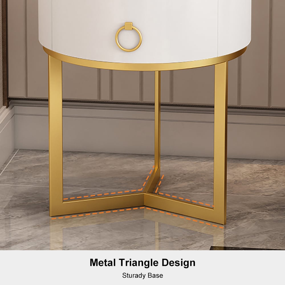 HMR - Round Single Drawer Nightstand with Frame in White and Gold