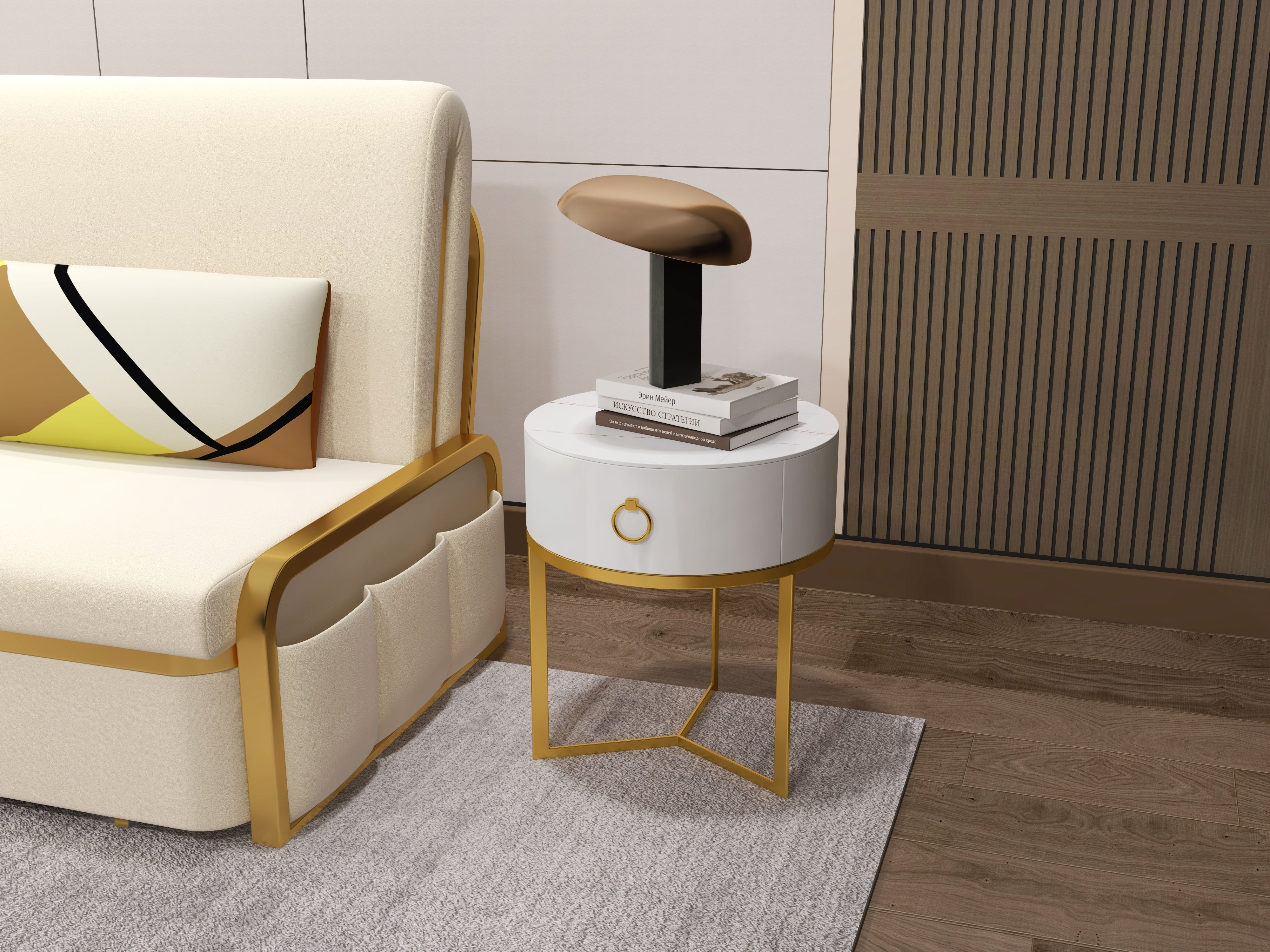 HMR - Round Single Drawer Nightstand with Frame in White and Gold