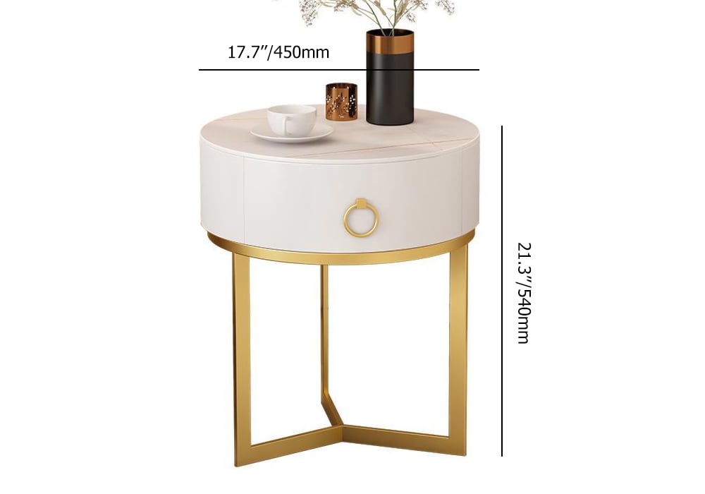 HMR - Round Single Drawer Nightstand with Frame in White and Gold