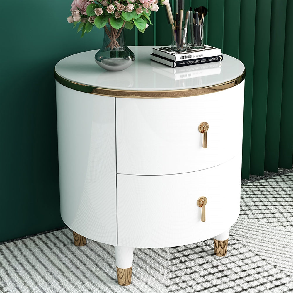 HMR - Round 2-Drawer Nightstand in Gold Finish in White