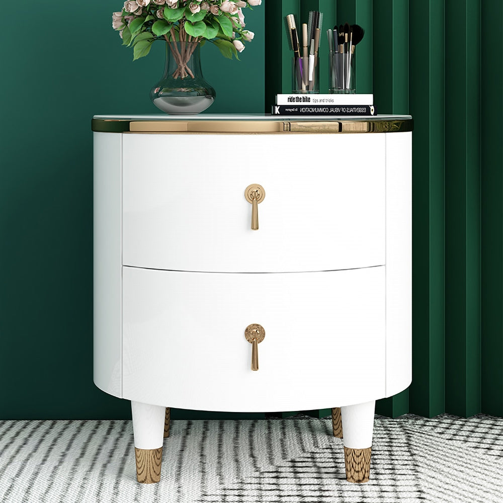 HMR - Round 2-Drawer Nightstand in Gold Finish in White
