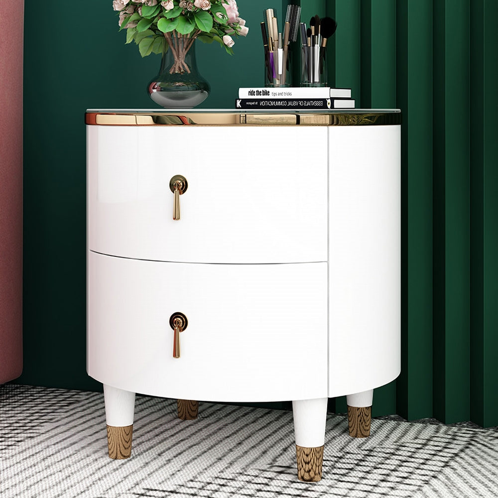 HMR - Round 2-Drawer Nightstand in Gold Finish in White