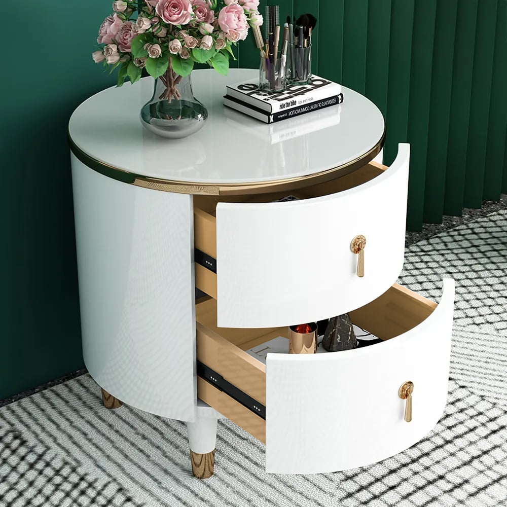 HMR - Round 2-Drawer Nightstand in Gold Finish in White