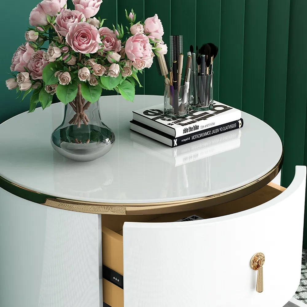 HMR - Round 2-Drawer Nightstand in Gold Finish in White