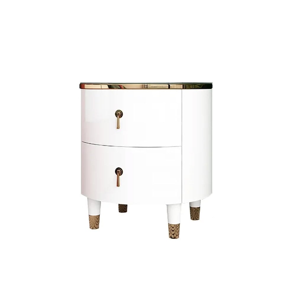 HMR - Round 2-Drawer Nightstand in Gold Finish in White