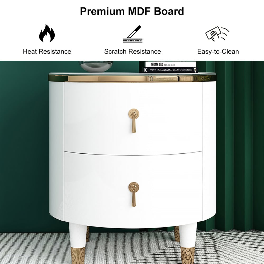 HMR - Round 2-Drawer Nightstand in Gold Finish in White