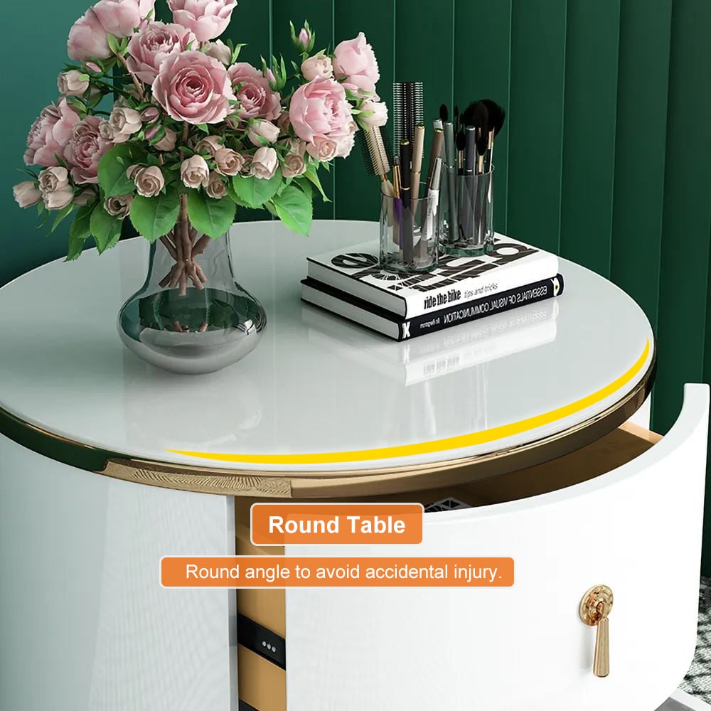 HMR - Round 2-Drawer Nightstand in Gold Finish in White