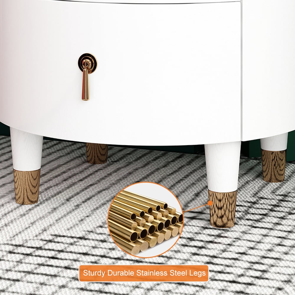 HMR - Round 2-Drawer Nightstand in Gold Finish in White